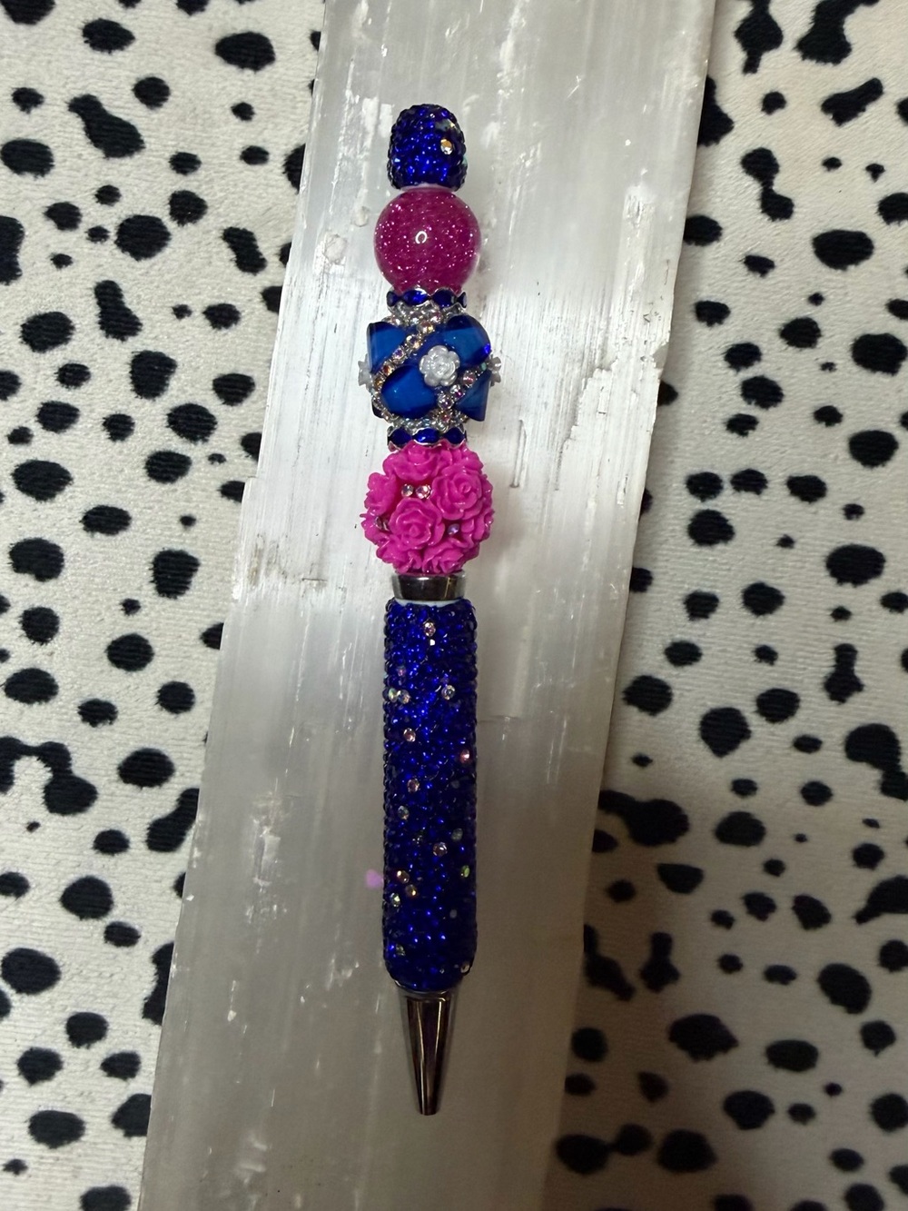 Embellished Bling Pen with Blue Rhinestones & Pink Floral Bead